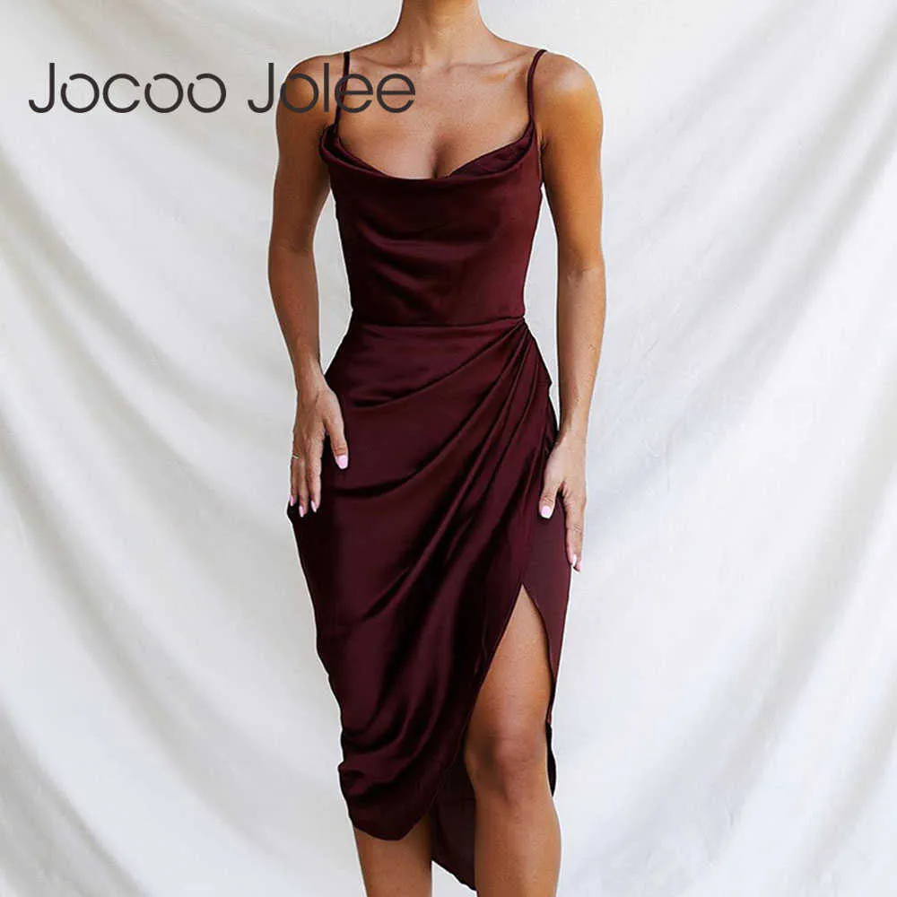 Jocoo Jolee donna estate europea e americana sexy scollo a V Hight Side Split temperamento sottile abito con bretella 210619