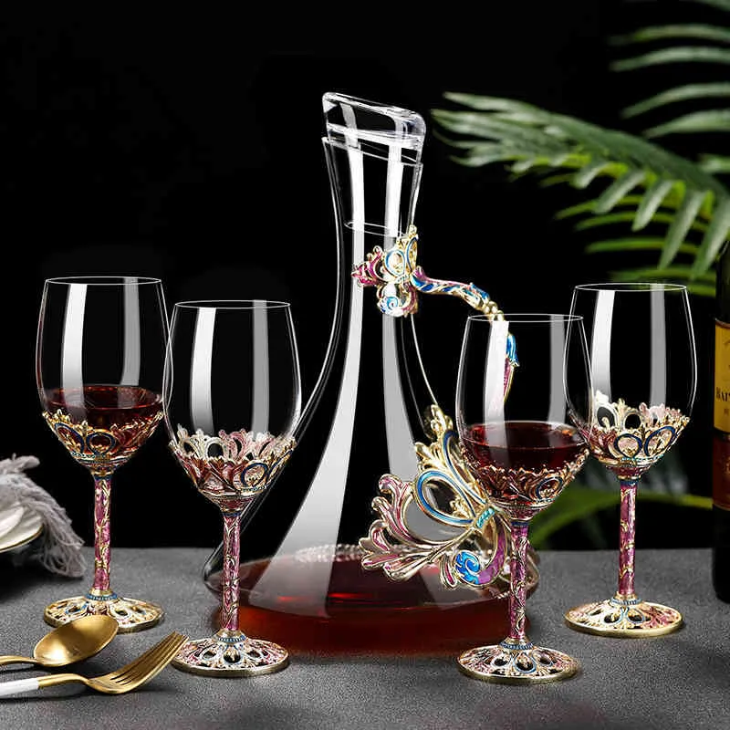 クリエイティブエナメルカラークリスタル赤ワインガラスデカンターセットゴブレットウェディンググラスシャンパンウイスキーカップ鉛フリークリスタルガラス210326