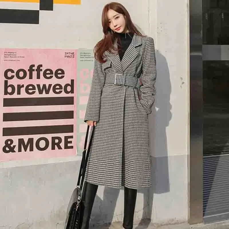 Automne Femmes Houndstooth Trench Veste Casual Col V Long Manteau Épaisseur Chaud Ceintures Vêtements De Poche Vestes 210514