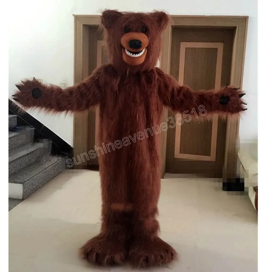 Costume della mascotte dell'orso bruno dei capelli lunghi di Halloween Personaggio dei cartoni animati di alta qualità Carnevale Unisex Adulti Taglia Vestito da festa di Natale