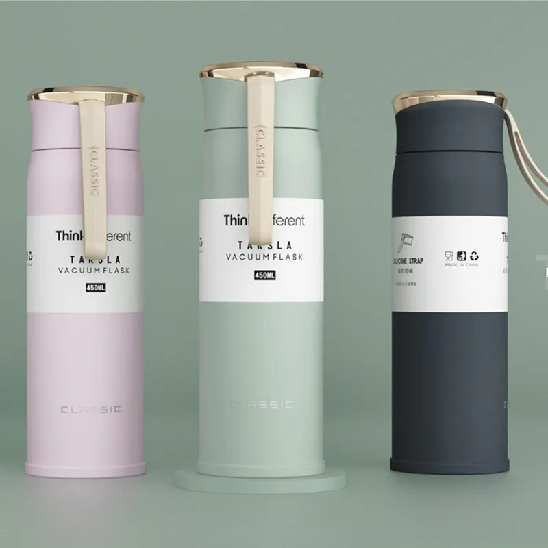 Bottiglia d'acqua portatile con boccetta per vuoto in acciaio inossidabile con tazza isolata alla moda, tazza da viaggio da 450 ml, ecologica