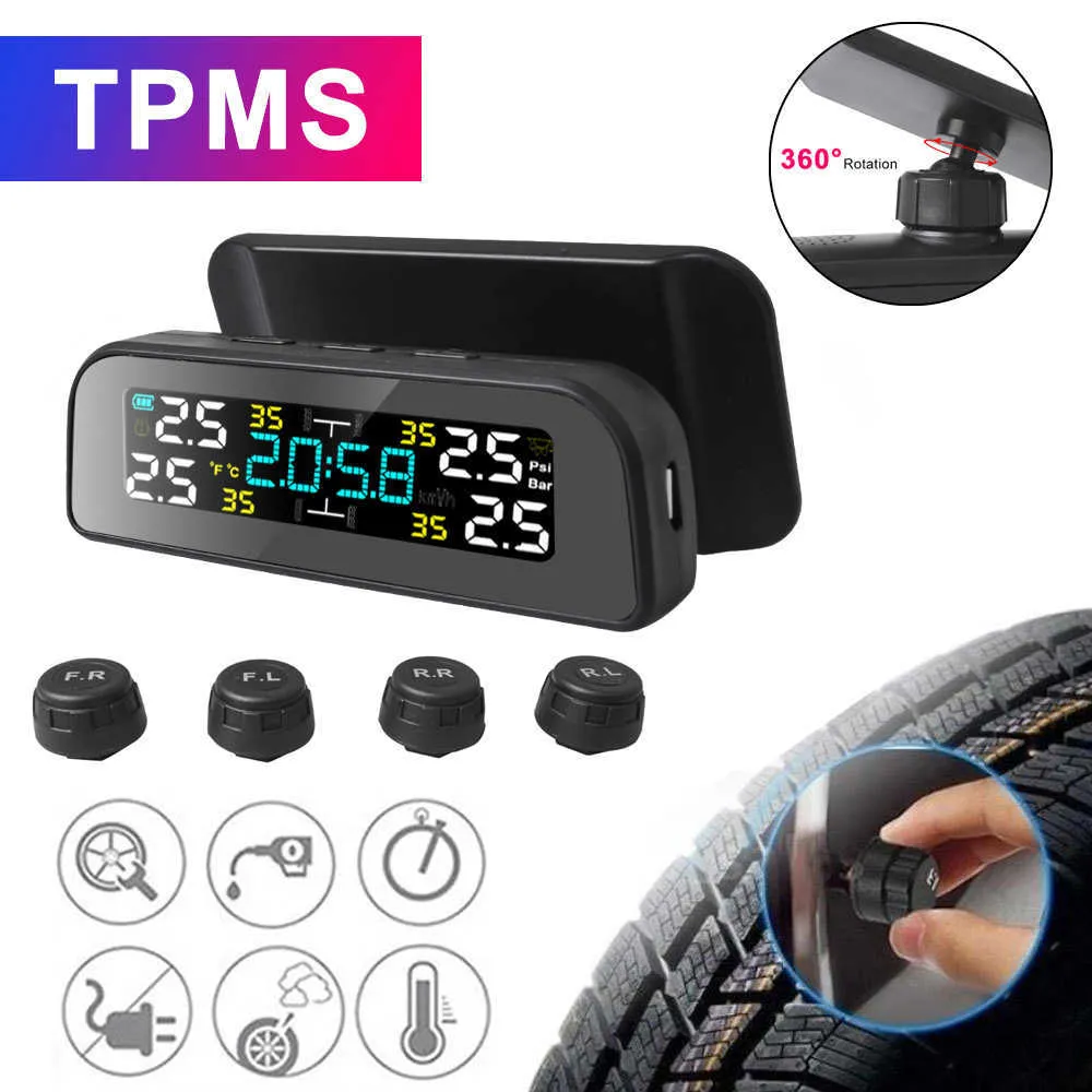 TPMS Solar Power Car Tire Pressure Alarm Monitor Auto Security System Tyre Temperature Warning 360 Adjustable New