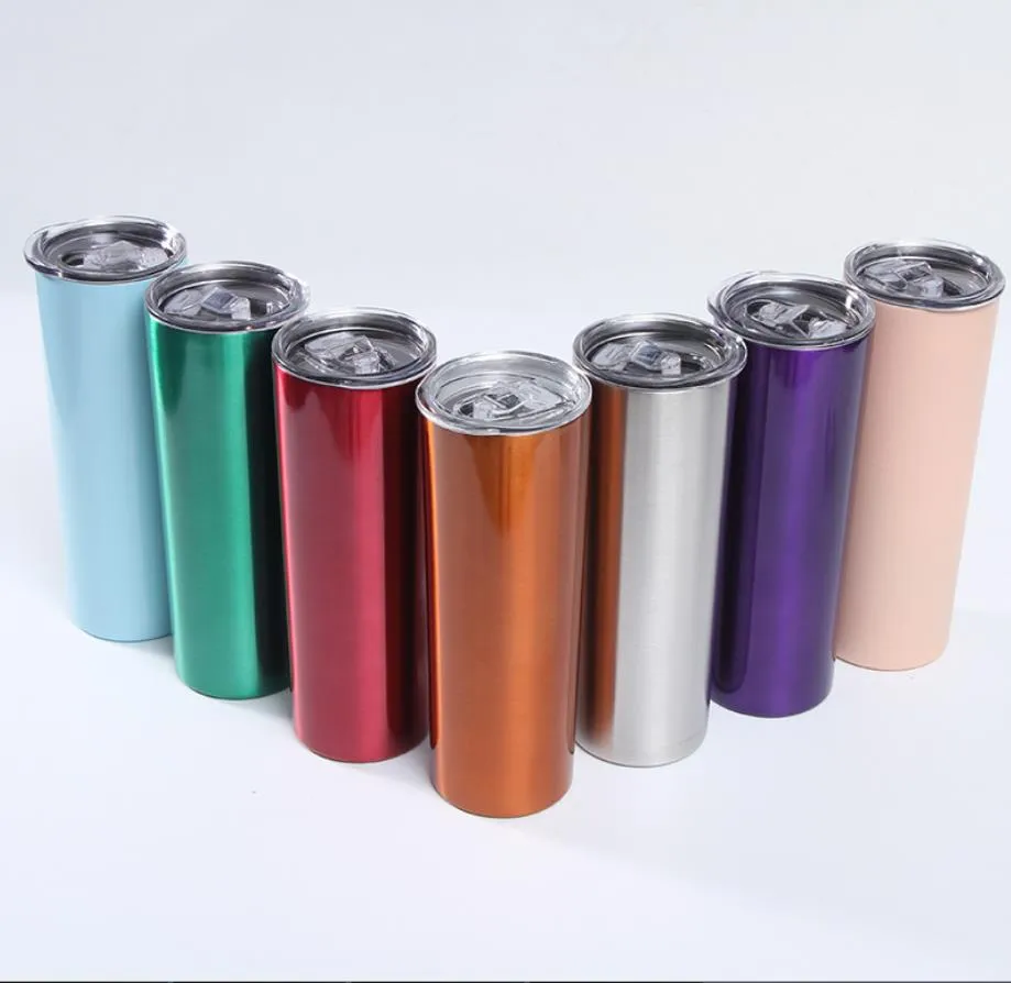 20oz Skinny Tumblers Stainless Steel Double Wall Slim Straight Cup Vacuum Insulated Beer Coffee Mugs with Lid