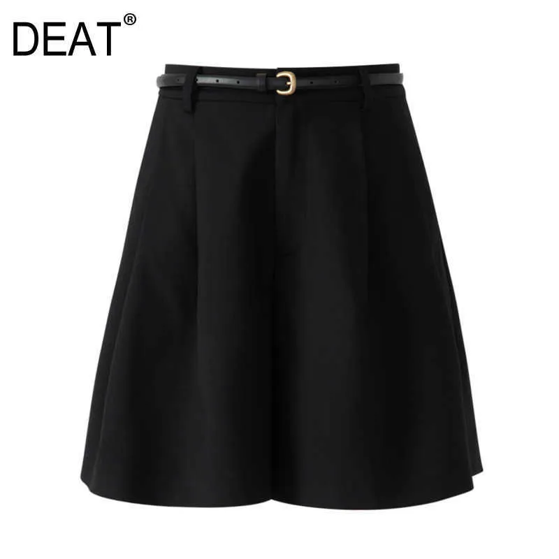 [Deat] verão moda calça curta preta cintura alta cor sólida cadeia faixas soltas casuais mulheres shorts 13c839 210527