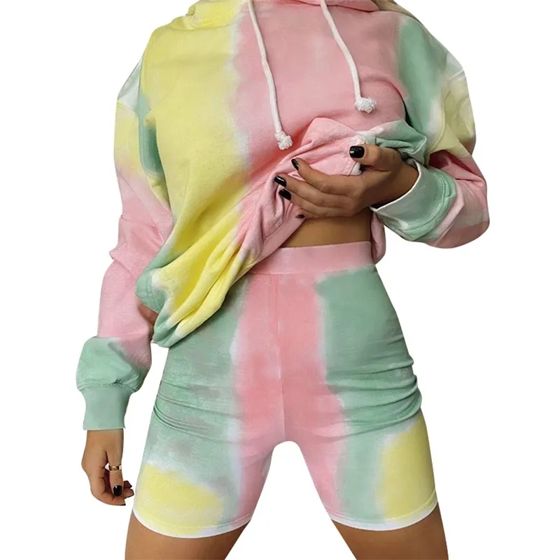 女性のタイの染料プリント基本的なフード付きルーススウェットスリムショーツ2個セットカジュアルバイカーマッチングSportSwear Outfit 210526