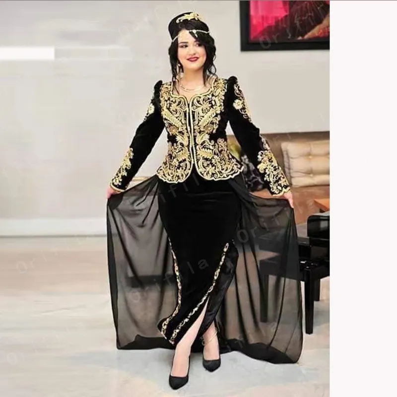 Algerijnse outfits Karakou Prom Jurken 2021 Zwart Goud Lange Mouw Peplum Kosovo Albanina Kant Applique Avondjurk Vestidos de