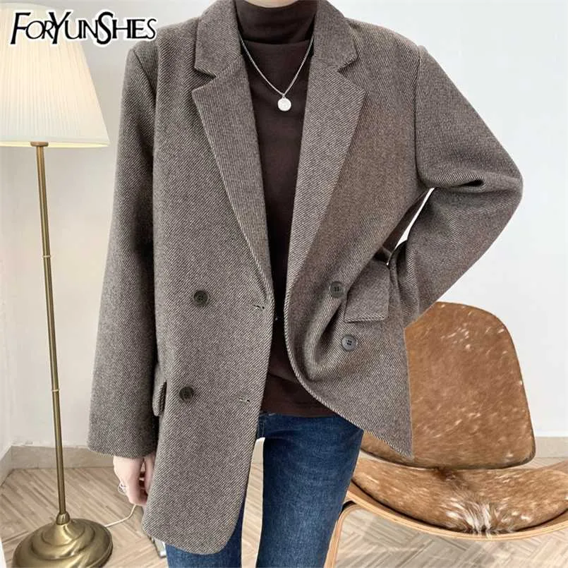 Foryunshe Stripe Woolen Blazer Damer Varm tjock Solid Casual Loose Business Jacket Coat Höst Vinter England Stil 211118