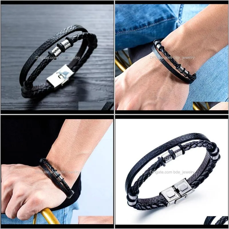 mens fashion punk titanium steel ring braided leather magnetic buckle bracelet mens casual sports bracelet gifts