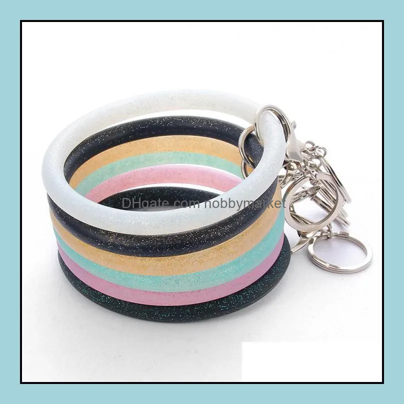 Silicone Wrist Key Ring Fashion Glitter Bracelet Sports Keychain Bracelets Bangle Round Key Rings Large O Keyring Jewelry T494