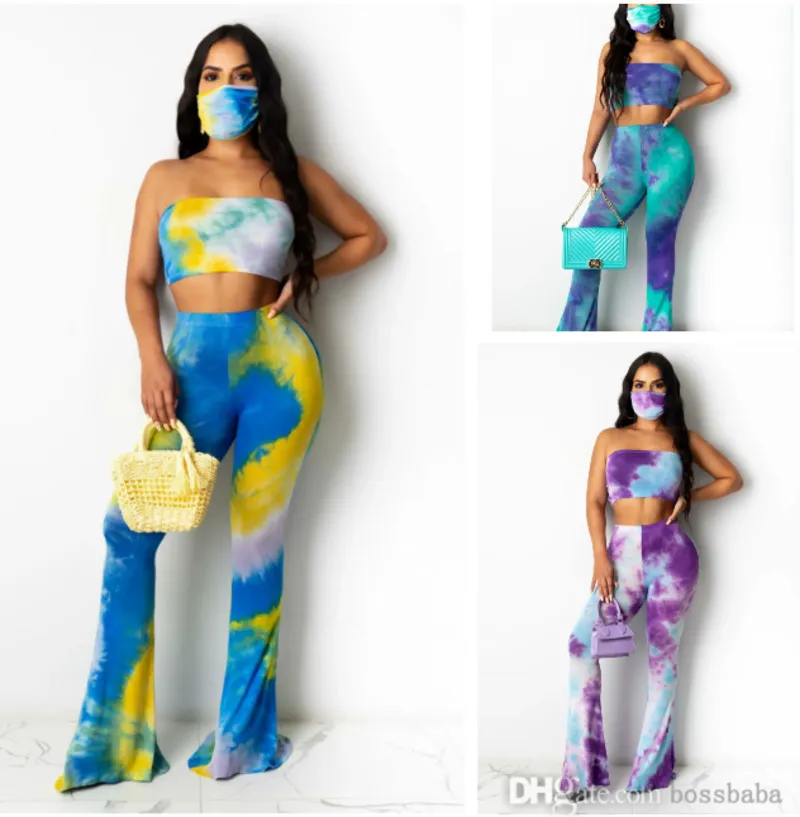 Women Tie-Dye 2 Piece Set Designer Sexy Slim Printed Breast Wrap long Pants Outfits Club Fashion Vest Pleated Jogging Suit With Mask 8130