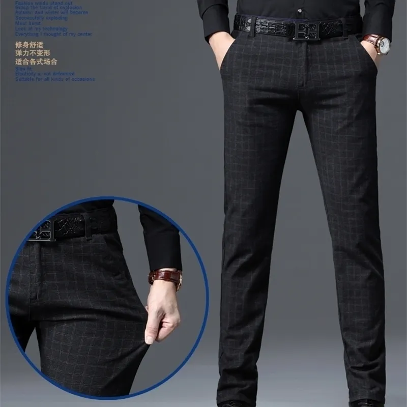 Mens Classic Plaid Stretch Suit Pants With Plus Velvet Lining Slim