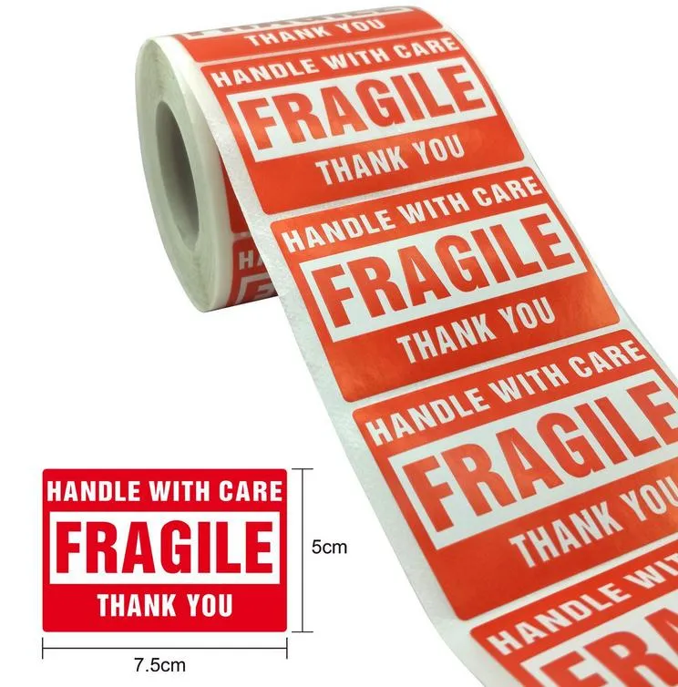 500pcs Emballage Avertissement Autocollants Adhésifs FRAGILE Poignée Avec Soin MERCI Étiquette Autocollant 1 Rouleau 2x3 Pouces (50 X 75mm)