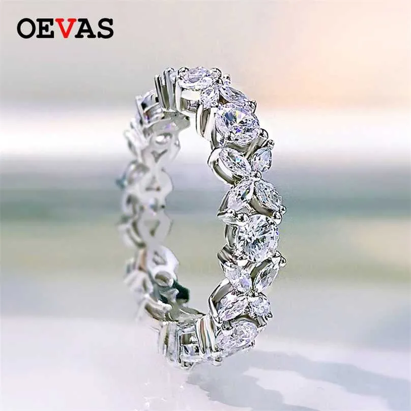 Ovas 100% 925 Sterling Silver Sparkling Full Alto Carbono Dimond Zircão Anéis de Flores para Mulheres Engajamento Casamento Jóias Fine 211217