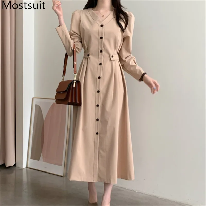 Coreano Decote em v Single-breasted Vestido Longo Mulheres Mola de Manga Completa A-Linha Moda Feminino Vestidos Elegantes Vestidos Mujer 210518