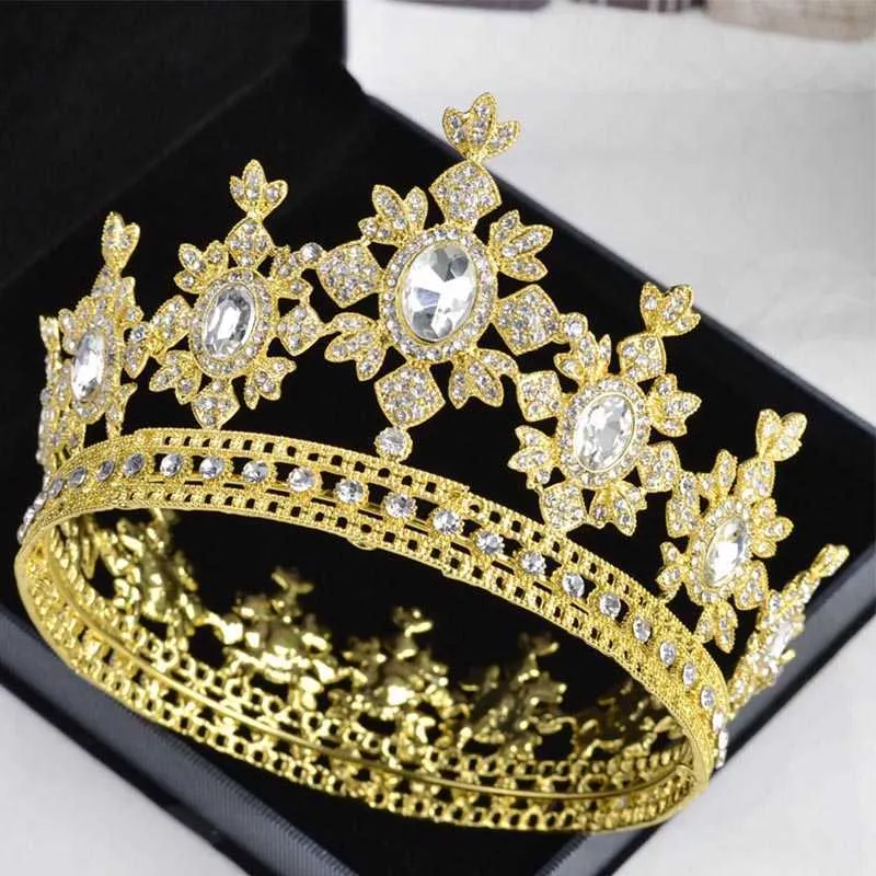 Lyxig guldmetall tiara och kronkristall rhinestone full cirkel queen brud hår smycken diadem bröllop brud hår tillbehör x0625