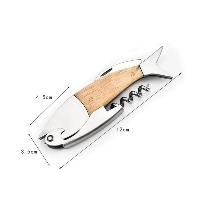 Cute Fish Shaped Wine Opener Wood Handle Professional Metal Openers Multifunction Portable Screw Corkscrew Wine Bottle Opener LX3664