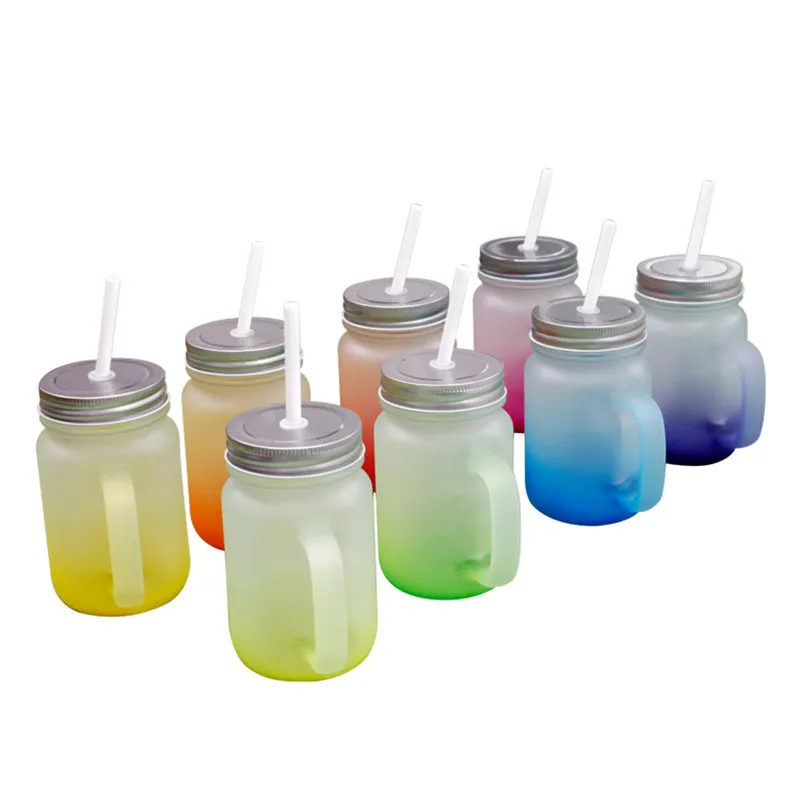 15 oz Sublimation Poignée Mason Jar Gradient Givré Verres Main DIY Multi-Couleur Verres À Vin Transfert De Chaleur Vin Gobelets Bière Tasses 8 Couleur Tasses A12