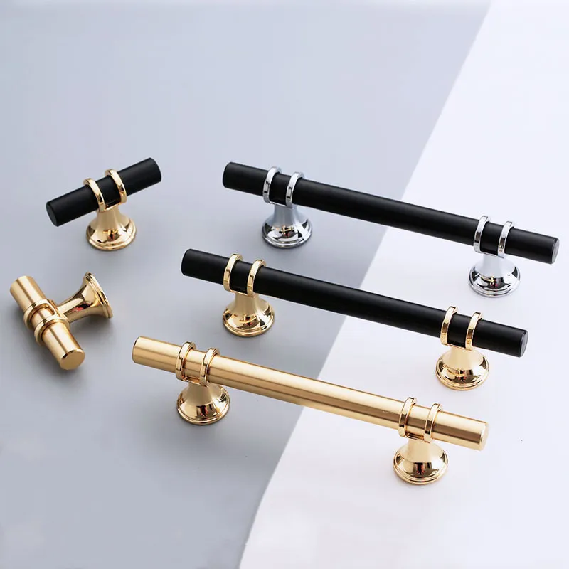 Modern Zinc Alloy Black Gold Door Handles Kitchen Cabinet Handles Solid Drawer Knobs Fashion Furniture Handle Hardware