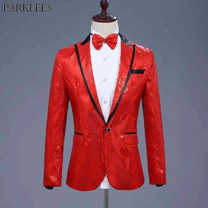 Shiny Red Pailletten Glitter Blazer Jacke Männer Nachtclub DJ Host One Button Anzug Blazer Männliche Prom Bühne Hochzeit Kostüme für Sänger 210522