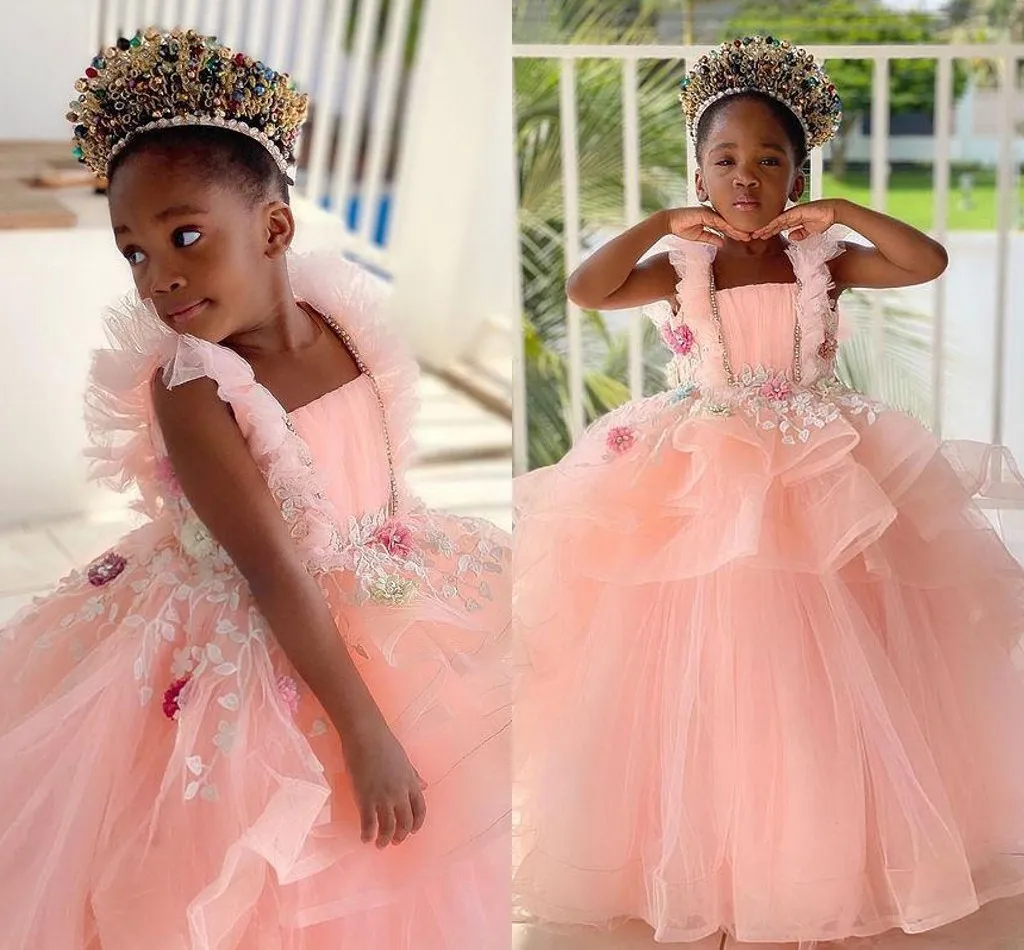 Corail Robes De Fille De Fleur Pour Le Mariage Volants Tulle Dentelle Appliqued Princesse Robe De Bal Petite Fille Pageant Robe De Soirée Occasion Formelle Anniversaire Porter AL8826