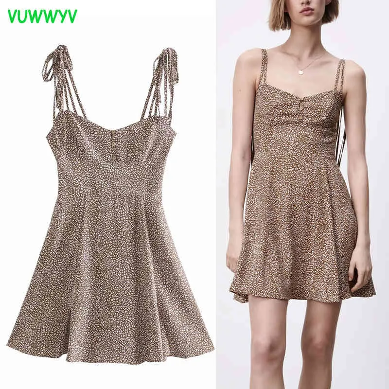 Summer Dress Brown Leopard Print Mini es Woman Backless Strap Night Women Flare Hem Vestidos Front Buttons 210430