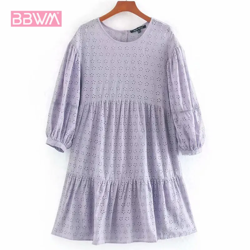 Round Neck Loose Embroidery Stitching Purple Bubble Sleeve Female Dress French Leisure Holiday Chic Women's Tops 210507