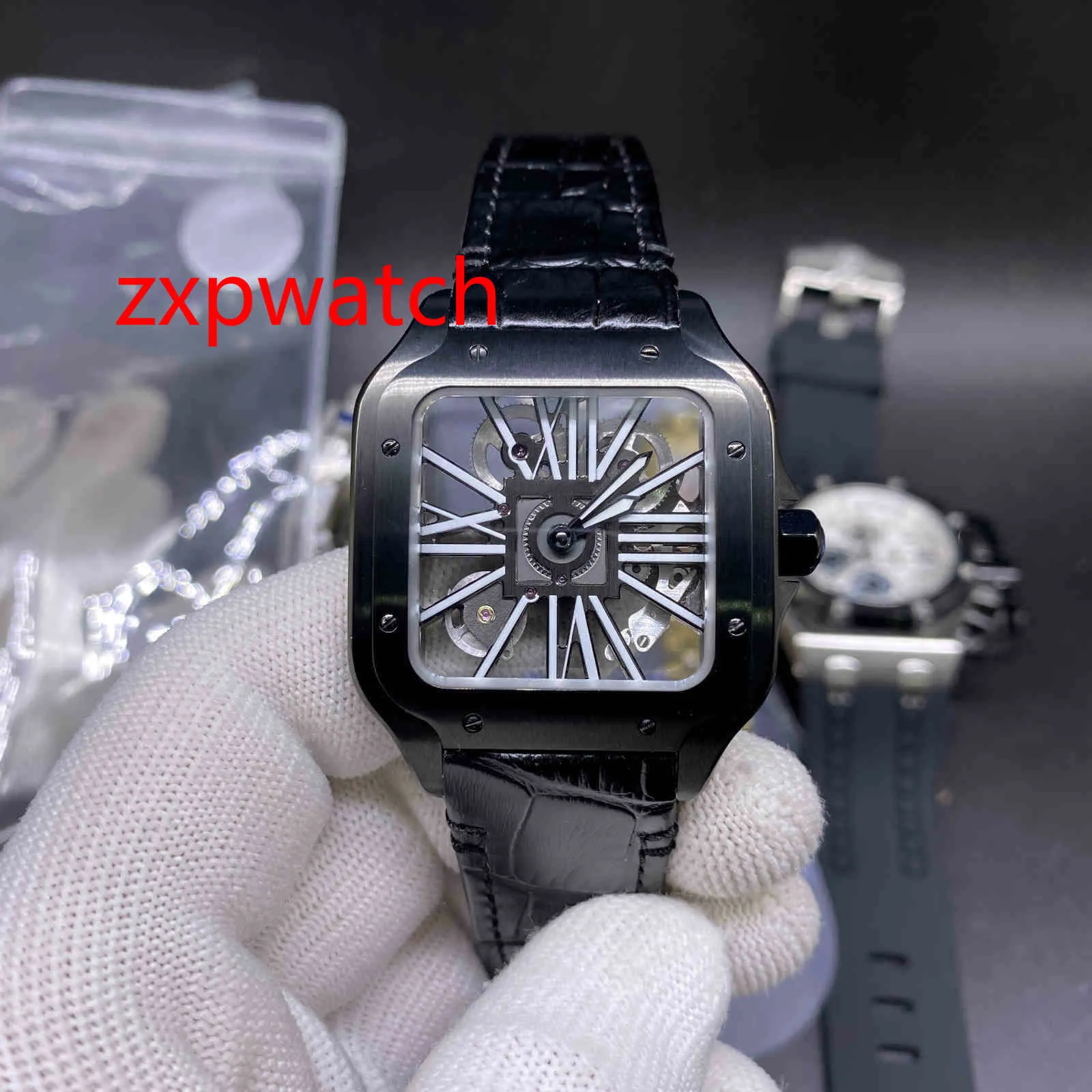 Hoge Kwaliteit Skelet Dial Horloge Roestvrij staal 38mm Batterij Quartz Beweging Dunne Case Polshorloge Kijk door Glass Back Lederen Band Heren Horloges