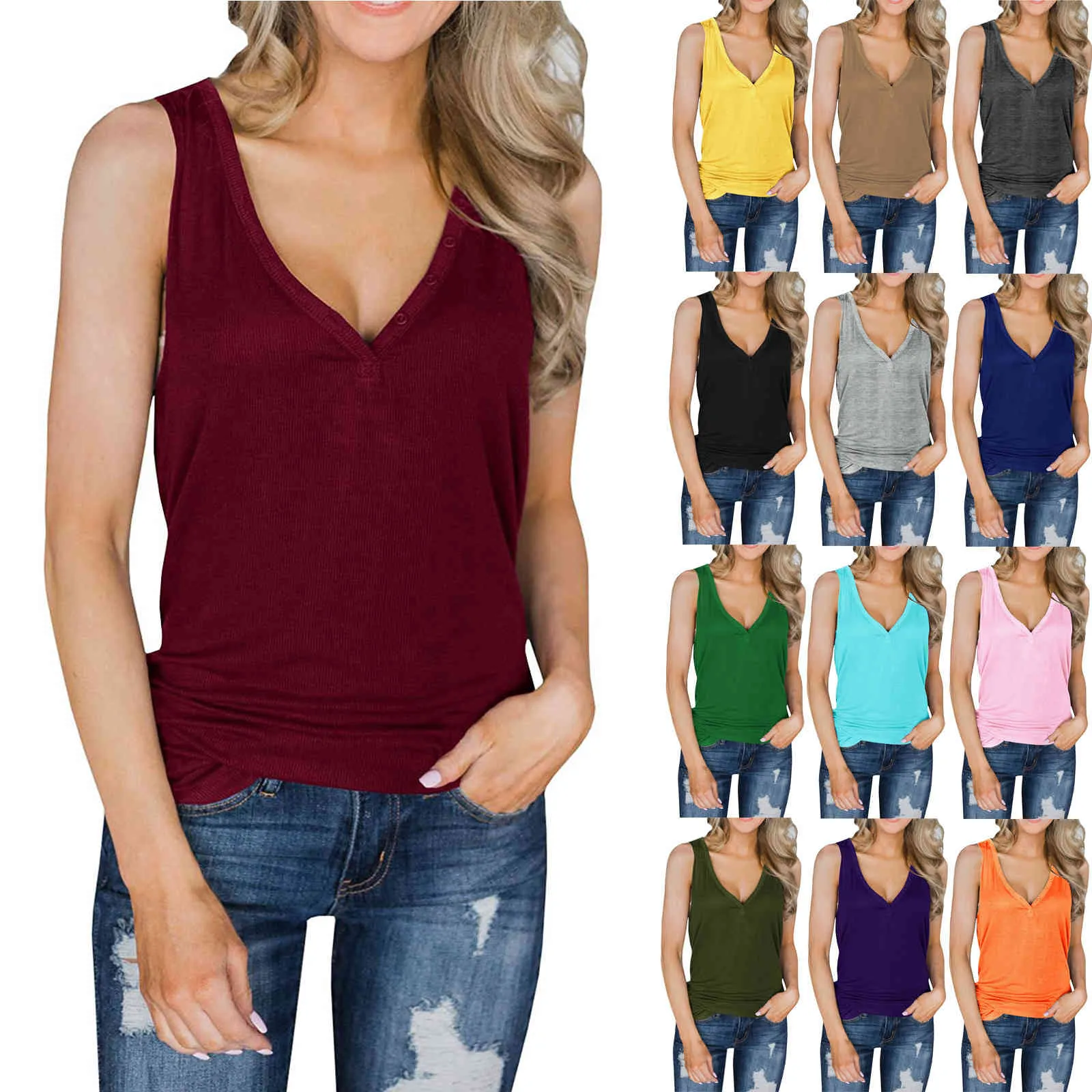 Womens 2021 Top Tanks Casual Loose Solid Color Button V-neck SleevelessTops Vests Feminino Verano Harajuku X0507