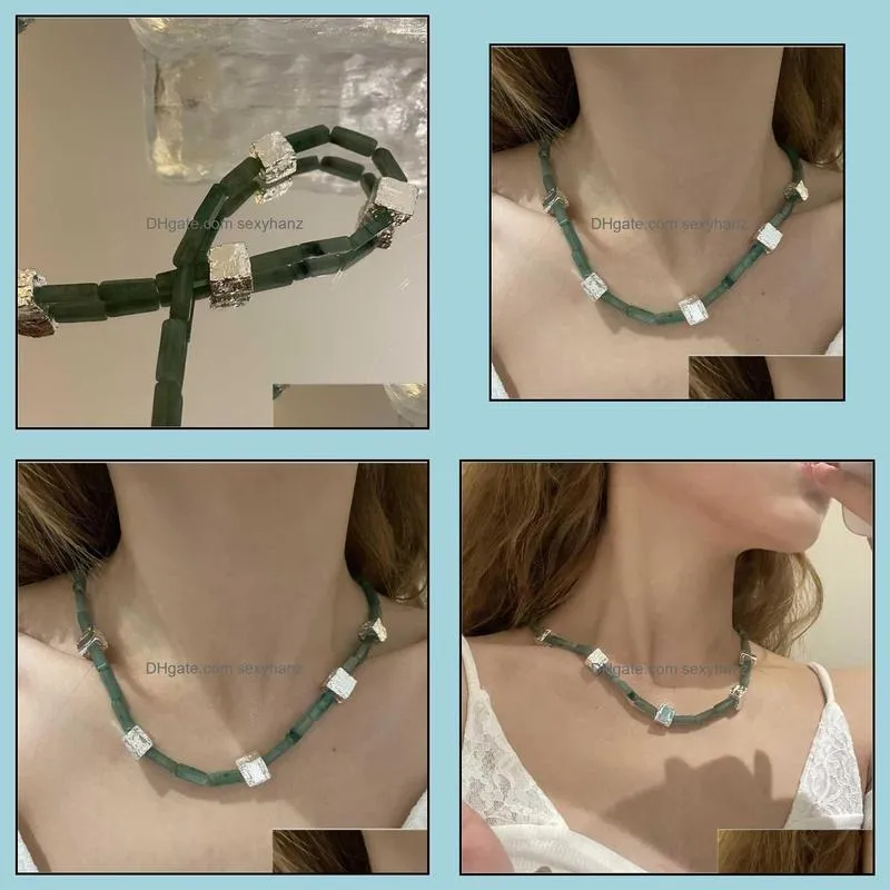 Chains Ins Cold Retro Mix And Match Style Necklace Female Anti-jade Texture Green Tourmaline Stone Clavicle Chain