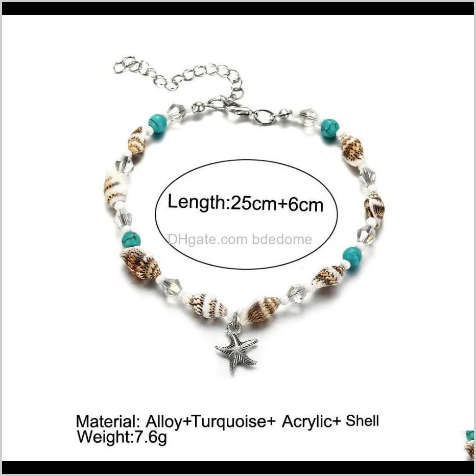 fashion jewelry anklet alloy starfish pendant sea snail white acrylic transparant pearl turquoise bead accessory silver plated chain