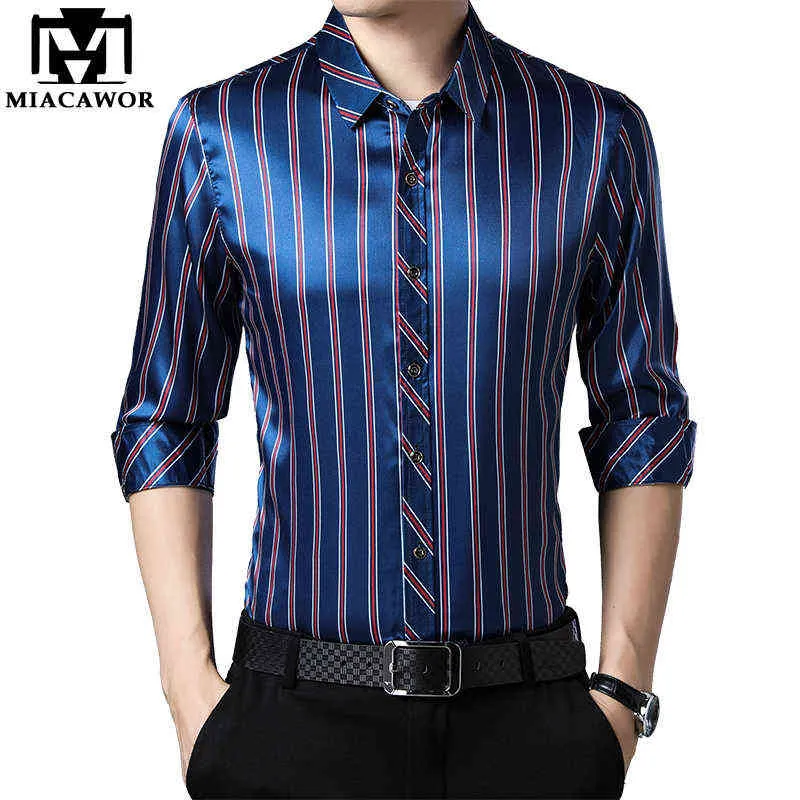 MIACAWOR New 2021 Casual Shirts Men Fashion Striped Long Sleeve Dress Shirt Men Slim Fit Camisa Masculina Plus Size 4XL C566 G0105
