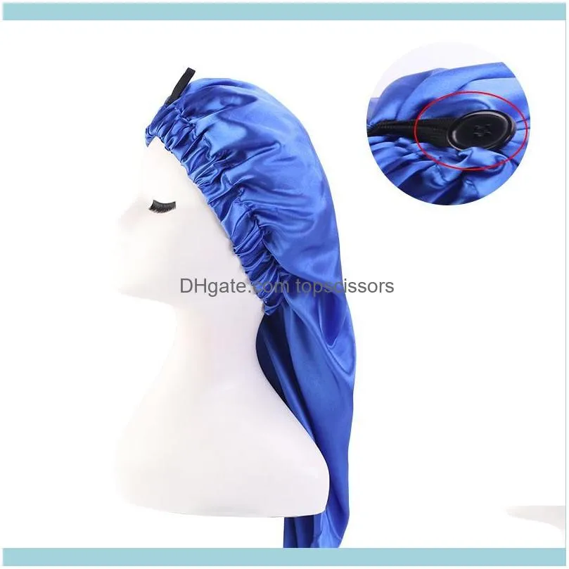 Long Satin Bonnet Sleep Cap With Button High Elastic Hair Band Night Care Nightcap For Women Men Chemo1