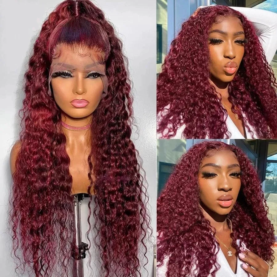 Curly Human Hair Wigs Wine Red Brazilian Remy Deep Wave Full Lace Front Synthetic Wig 180% Pre Plucked