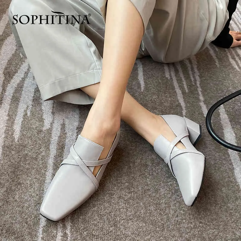 Sophitina Loafers 여성 하이힐 크로스 좁은 밴드 장식 패션 신발 영국 스타일 사각 발가락 봄 아가씨 펌프 AO332 210513