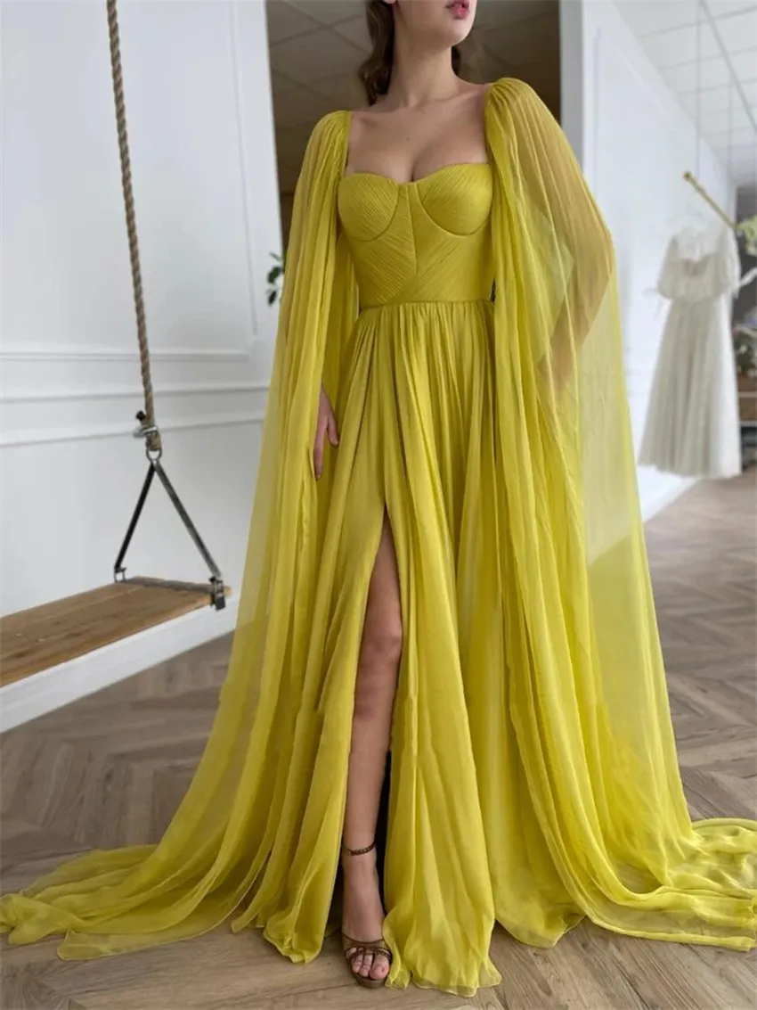 2021 Elegant Citrine Yellow Silk Chiffon Prom Dresses With Long Cape A Line Sweetheart Pleats Side Slit Evening Gowns