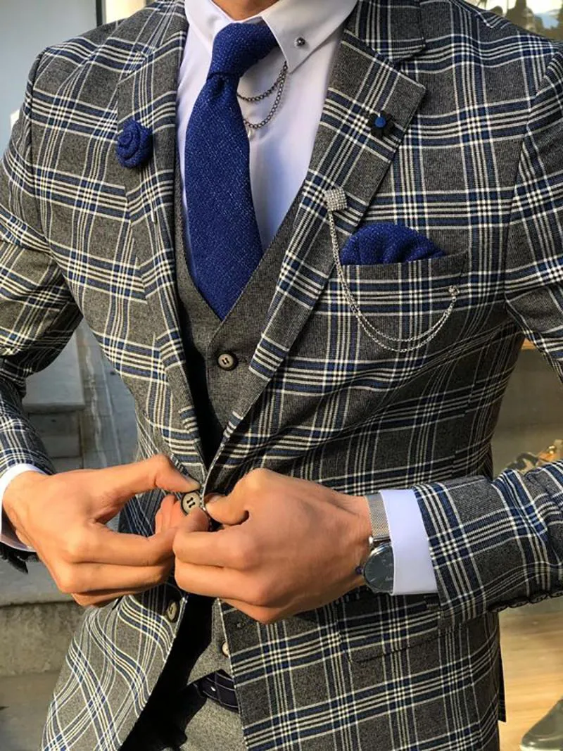 Men's Suits & Blazers 3 Piece Men Plaid Grey Modern Fashion Style  Customized Fit Lapel Party Wedding Tuxedo Coat+Pant+Vest