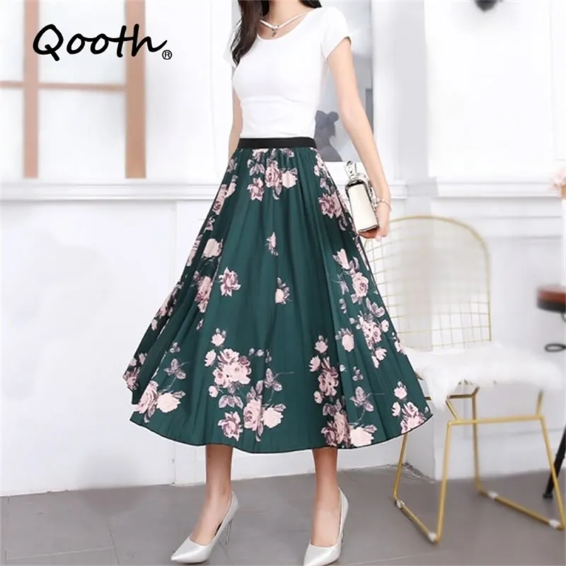 Qooth Printed Green Sweet Flowers Skirt Spring Summer Floral High Waist Long Womens Elegant All-Match QT576 210609