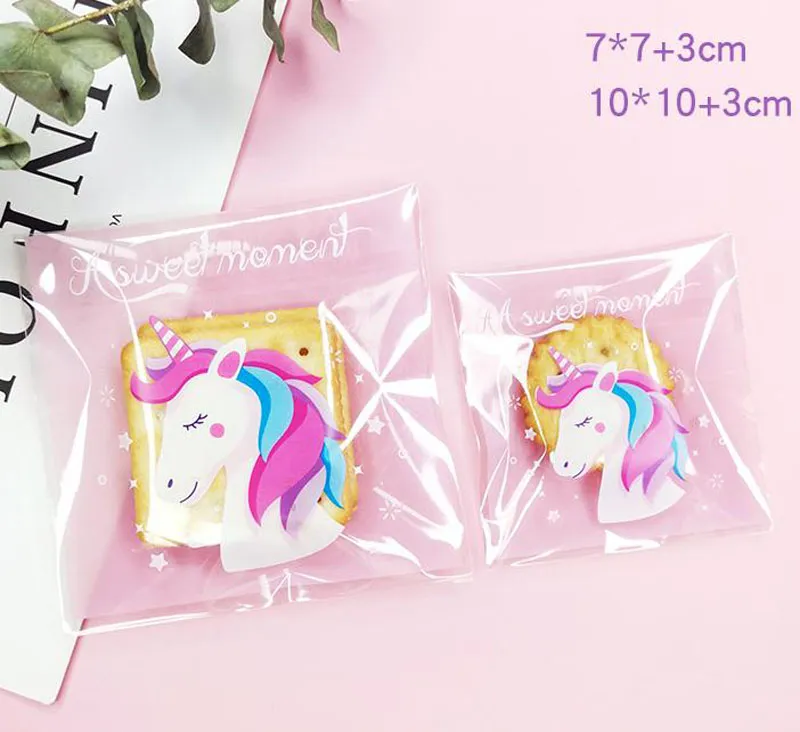 400pcs / lot självhäftande tätning bakverk bröd plast wrap väska, 10x10cm, 7x7cm presentväskor, söta rosa unicorn kakor godis fest packning