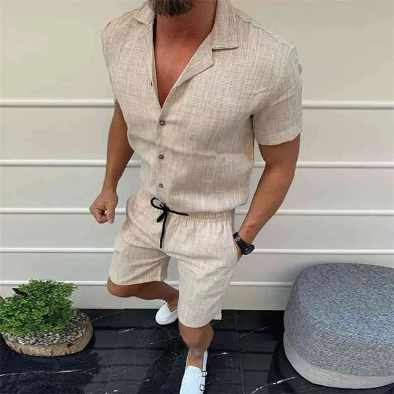 Män shorts set sommar linne tyg Andas strand set män casual lapel två styck set mode kläder kläder sommar kläder 210722