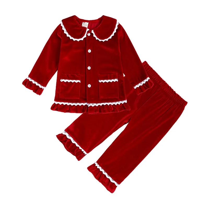 Christmas Velvet Fabric Baby Pyjama Set Forth With Lace For Girls