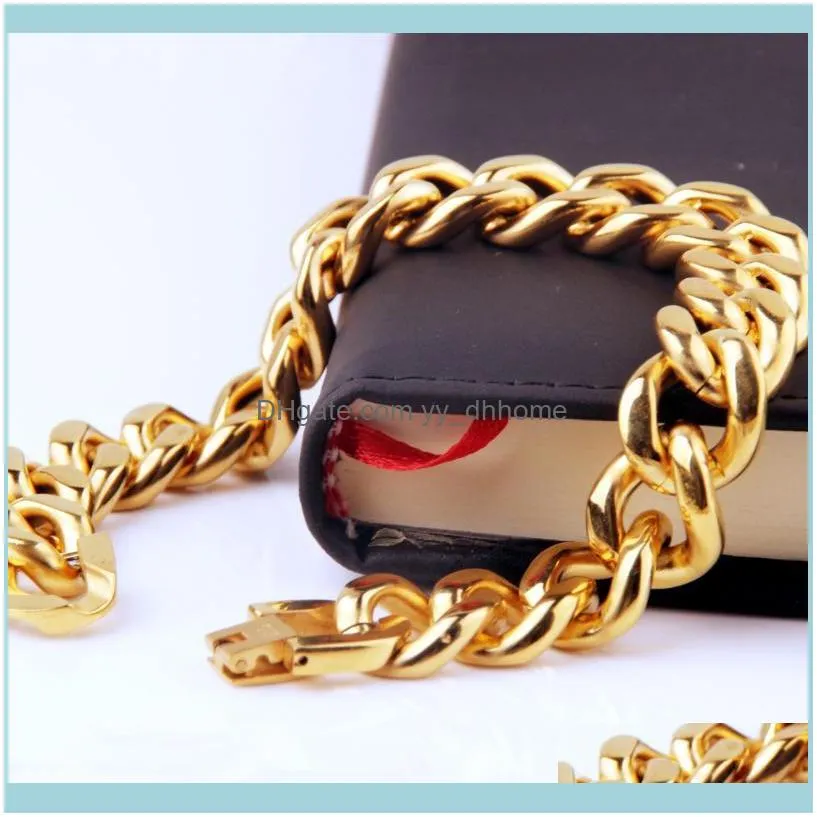 Link, Chain Gold Color 13/15mm 316L Stainless Steel Bracelet Men`s Curb Cuban Gift Jewelry For Men 7-10inch
