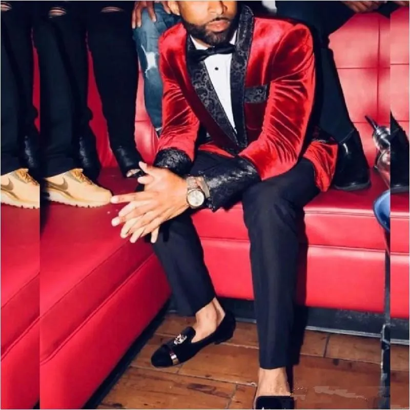 Men s Suits Blazers Coat Wine Red Velvet Men Prom Formal Wedding Groom Tuxedos 2 Pieces Sets With Black Jacquard Shawl Lapel