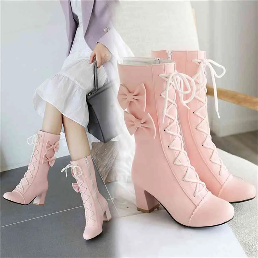2021 Höst Fashion Princess Lolita Bröllop Female Party Women Shoes Cross Tied Bow Designers High Heels Boots Skor för kvinnor