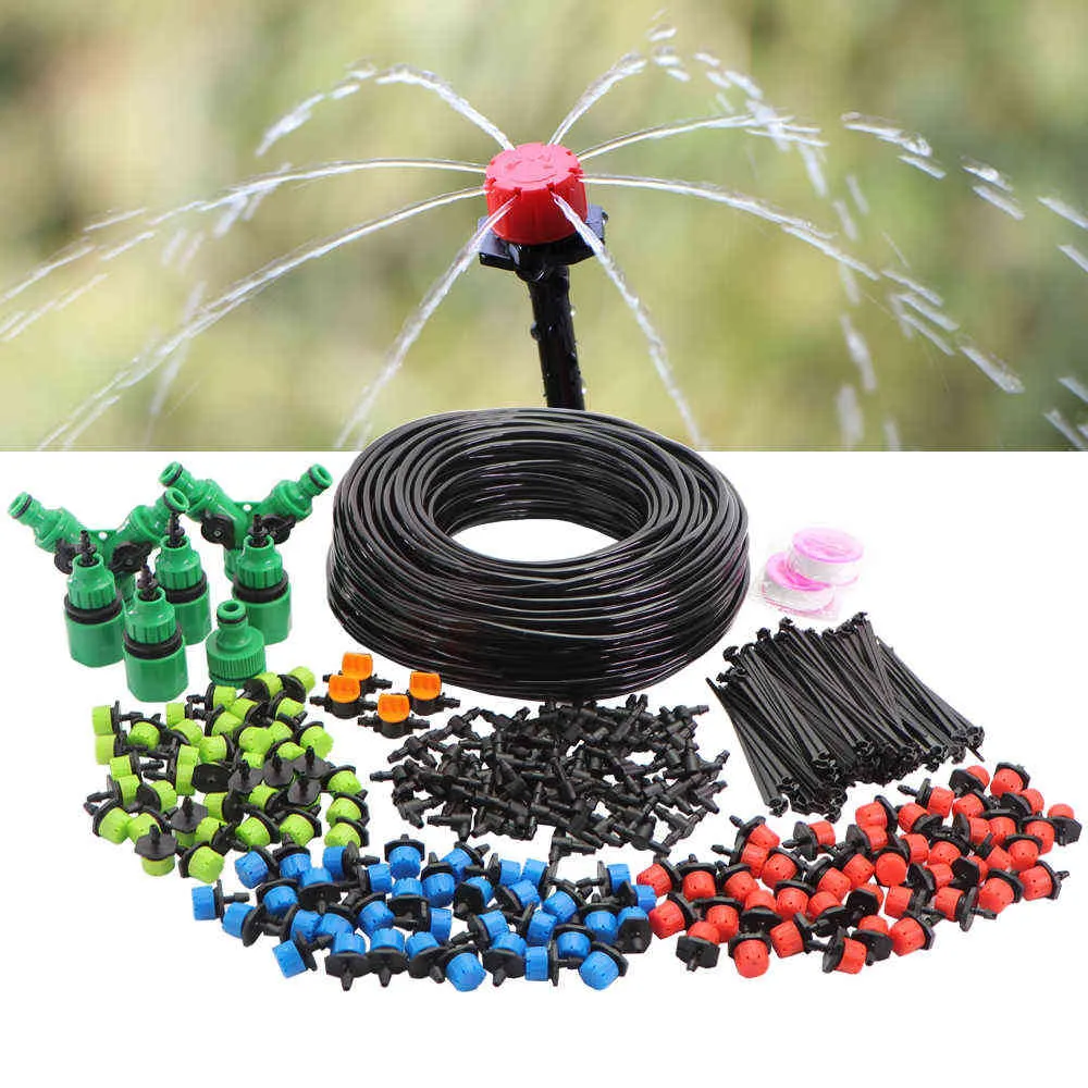 Kit d'arrosage d'irrigation goutte à goutte de 5 à 50 m, 8 trous, goutteur à débit réglable, atomiseur de jardin, tuyau de 4/7 mm, système de refroidissement par brumisation 210610