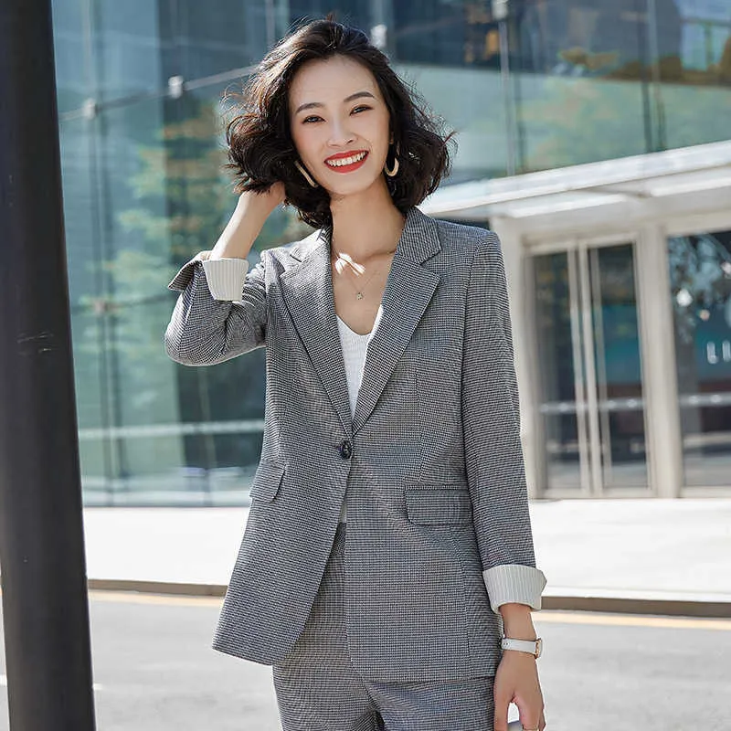 High Quality Women's Plaid Pants Suits Two-piece Autumn and Winter Slim Long Sleeve Ladies Jacket Business Attire Female 210527