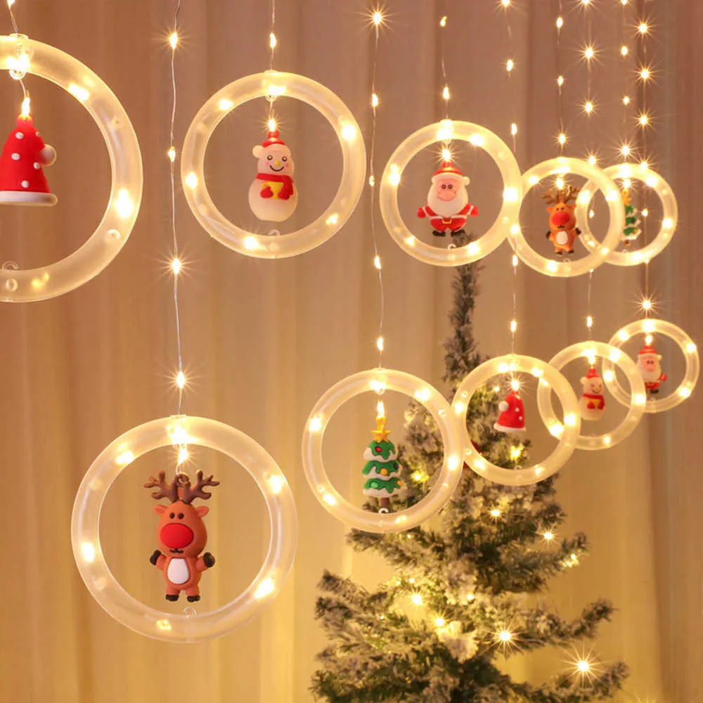 LED Perde Işık Noel Baba Geyik Çanları USB Noel Çelenk Dize Peri Işıkları Açık Ev Düğün Parti Yılı Dekor 211012