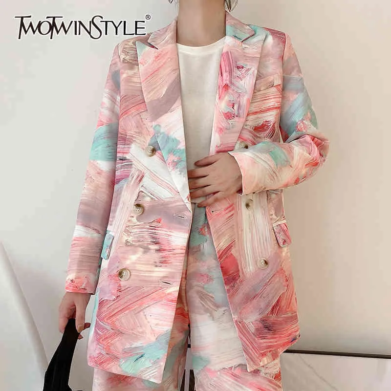 Print roze blazer voor vrouwen revers kraag lange mouw dubbele breasted hit kleur blazers vrouwelijke mode kleding 210524