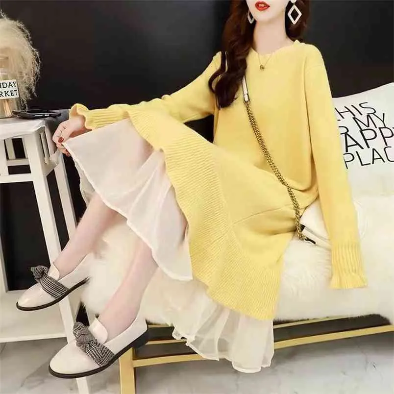 Women long knitted women dresses flare sleeved solid mesh patchwork lady elegant party fashion outwear tops 210427