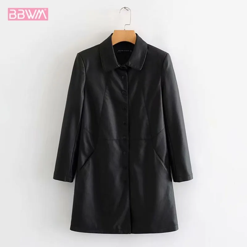 PU Schwarz Langarm Revers Winddicht Langhaarige Weibliche Mantel Einreiher Britischen Chic Damen Jacke Lokomotive Tops 210507