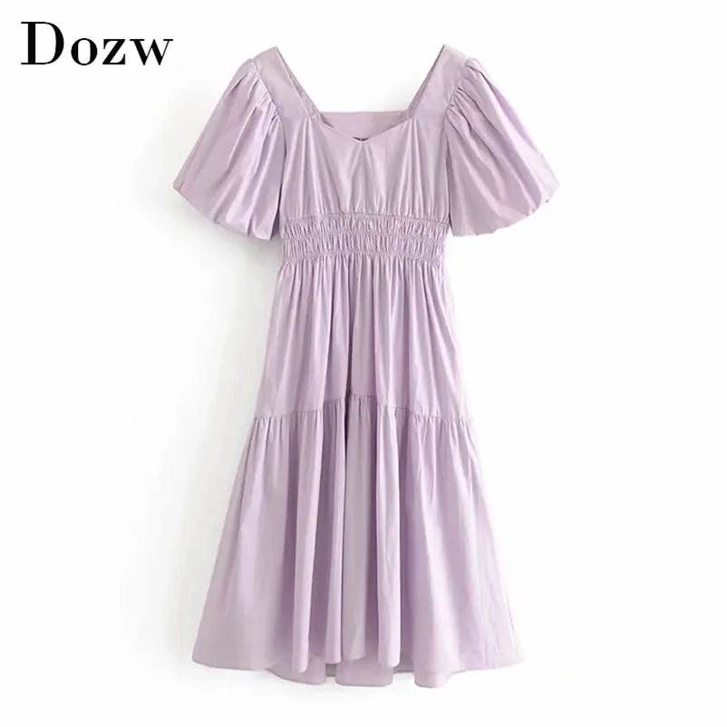Women Chic Puff Short Sleeve Solid Midi Dress Square Collar Cotton Pleated Summer Elastic Waist Loose es Lady 210515